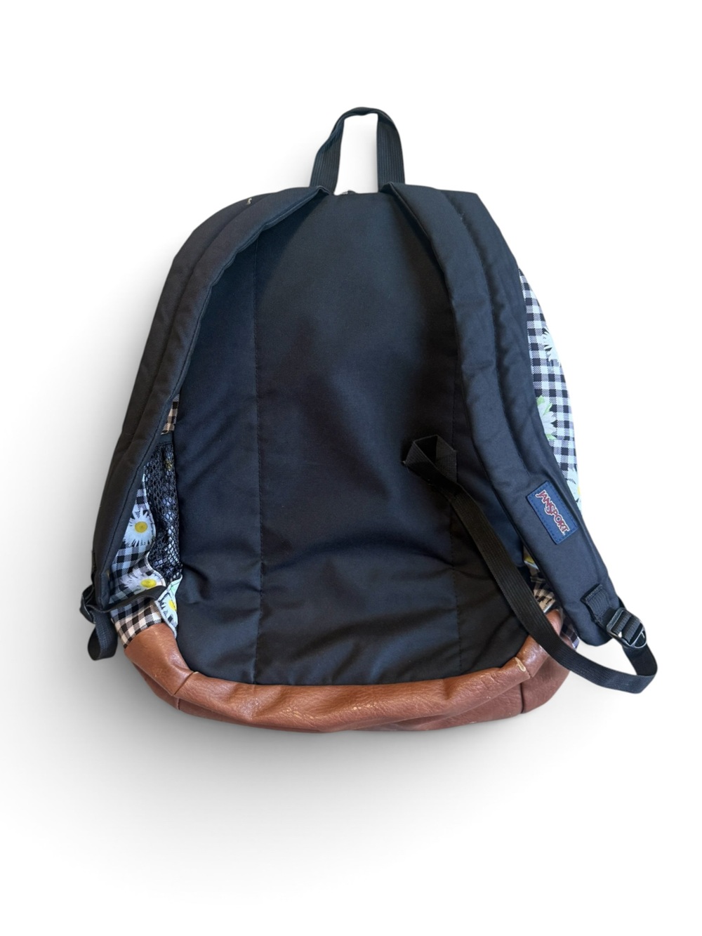JanSport Black & White Gingham Daisy Print Backpack with Brown Base - Picture 2 of 4